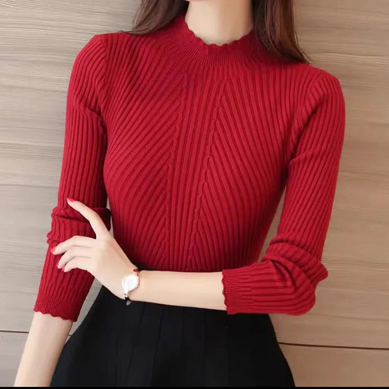 Women Mock Neck Ruffles Sweater Long Sleeve Knitted Bottoming Solid Pullovers Stripe Women Casual Sweater Winter