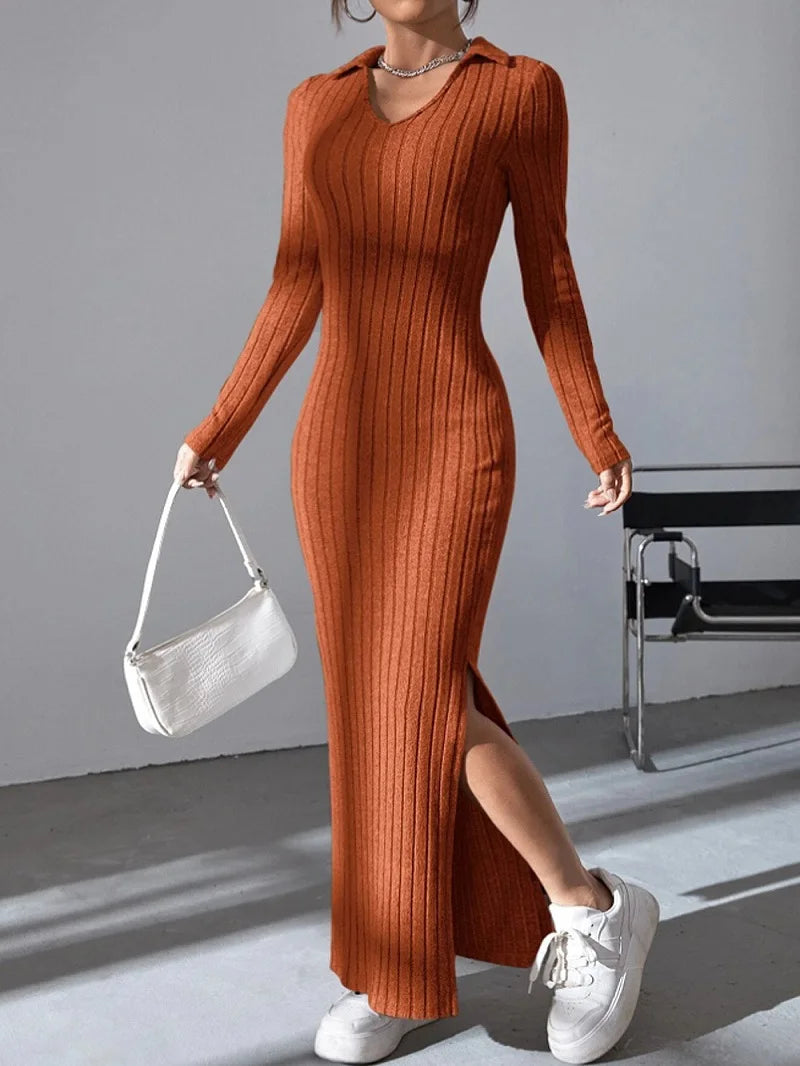 autumn and winter new mesh slim-fit lapel long sleeve pit strip solid color tight dress
