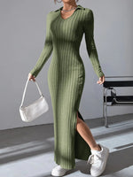 Load image into Gallery viewer, autumn and winter new mesh slim-fit lapel long sleeve pit strip solid color tight dress
