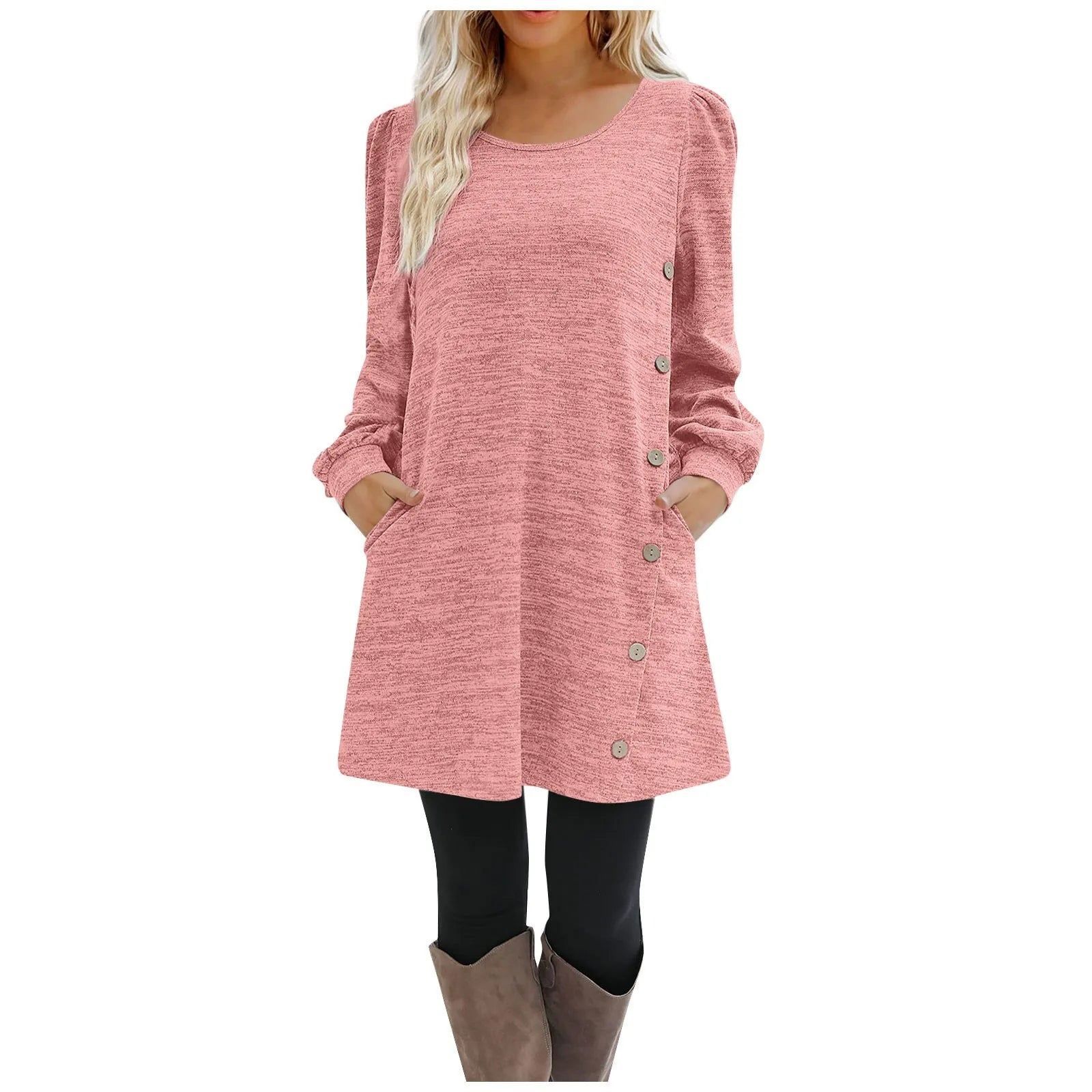 Women's Fashion Round Neck Solid Color Button Long Sleeve Casual Loose Dress