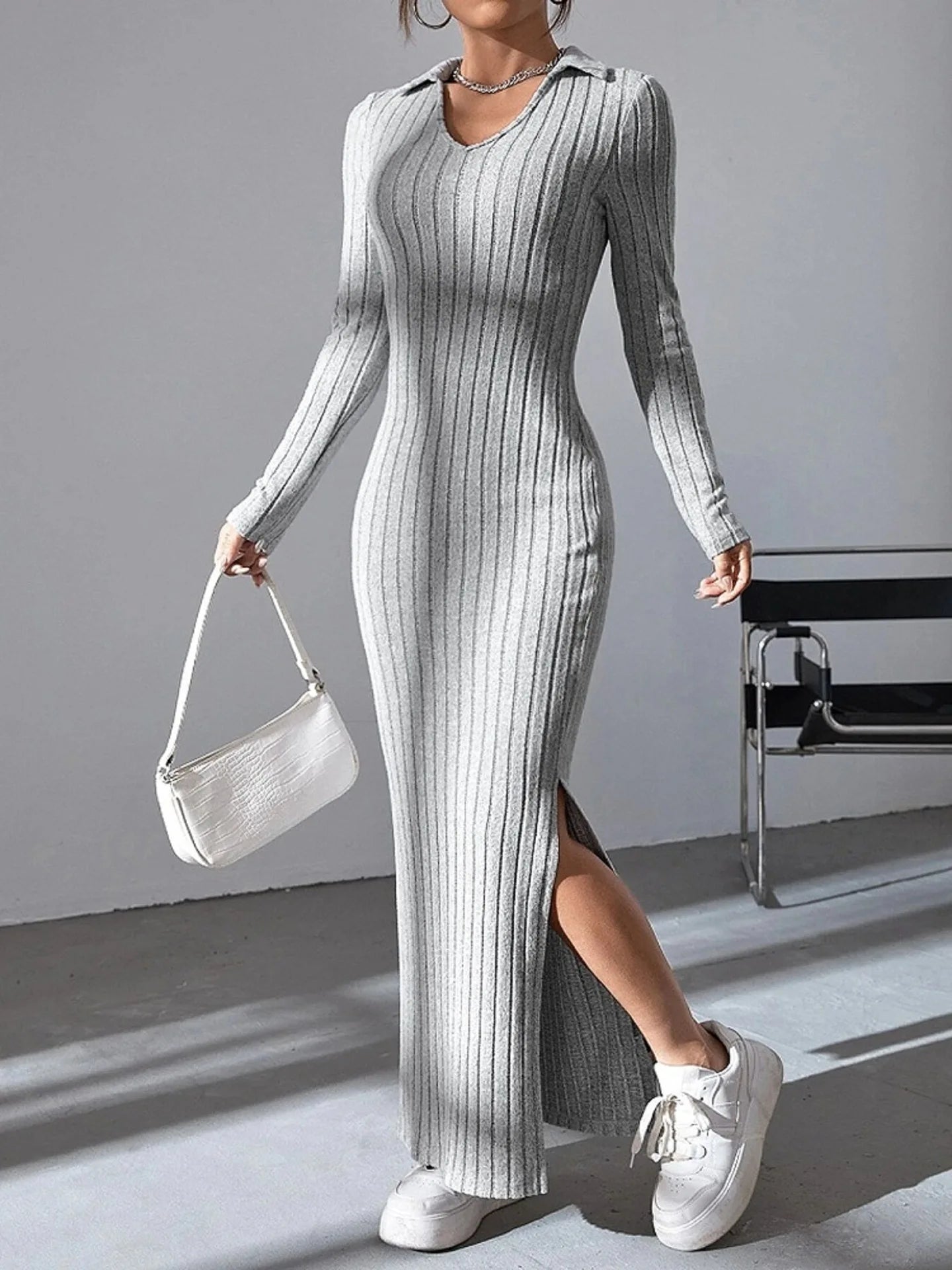 autumn and winter new mesh slim-fit lapel long sleeve pit strip solid color tight dress