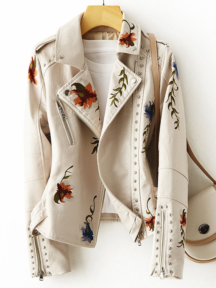 New Women Retro Floral Print Embroidery Faux Soft Leather Jacket Coat Turndown