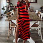 Load image into Gallery viewer, Striped short-sleeved vintage long dress
