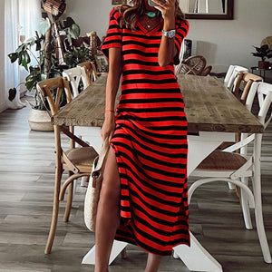 Striped short-sleeved vintage long dress