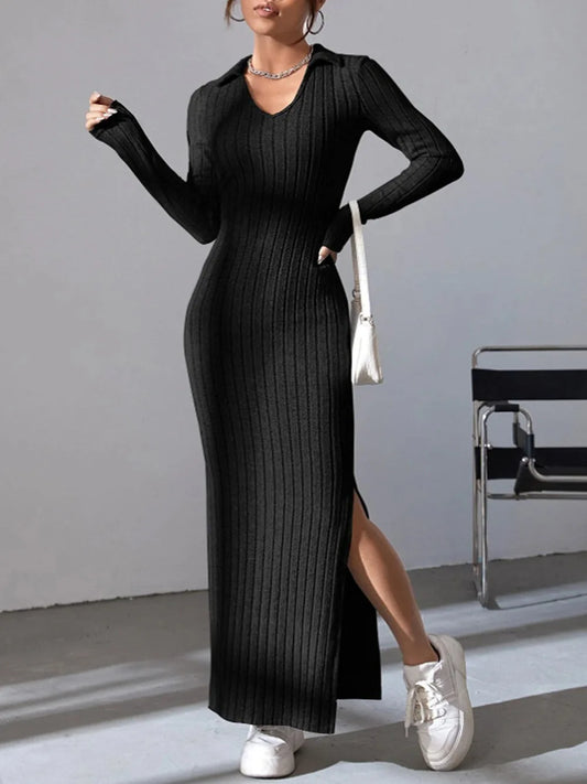 autumn and winter new mesh slim-fit lapel long sleeve pit strip solid color tight dress