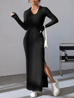 Load image into Gallery viewer, autumn and winter new mesh slim-fit lapel long sleeve pit strip solid color tight dress
