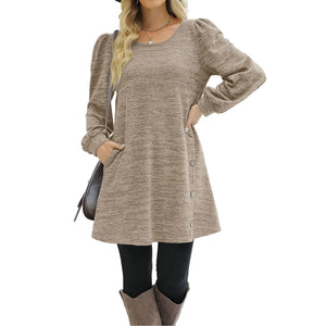 Women's Fashion Round Neck Solid Color Button Long Sleeve Casual Loose Dress