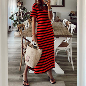Striped short-sleeved vintage long dress