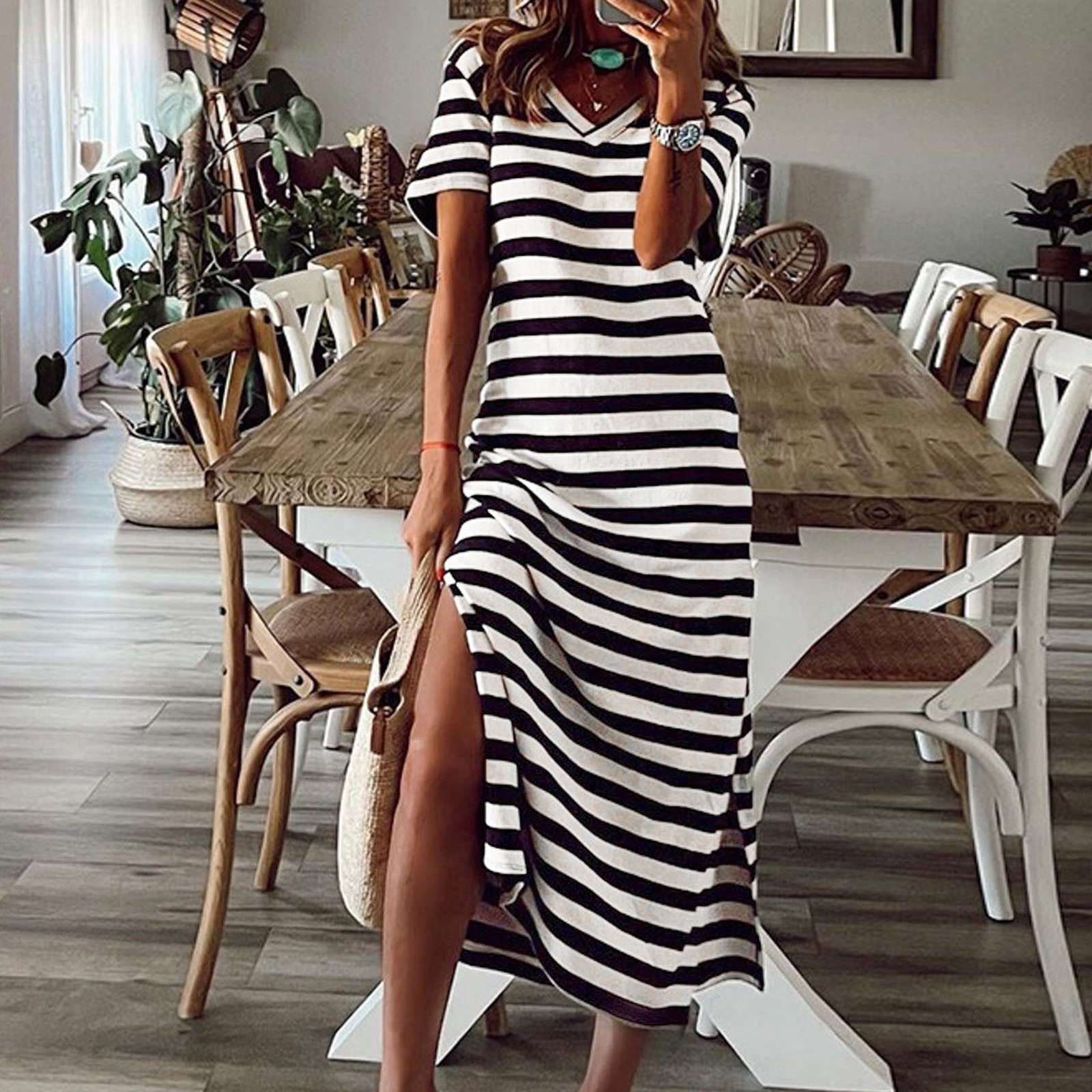 Striped short-sleeved vintage long dress