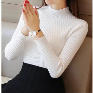 Women Mock Neck Ruffles Sweater Long Sleeve Knitted Bottoming Solid Pullovers Stripe Women Casual Sweater Winter