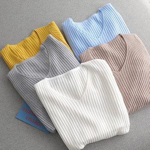 basic v-neck solid autumn winter Sweater Pullover Women Female Knitted sweater slim long sleeve