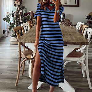 Striped short-sleeved vintage long dress