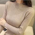 Load image into Gallery viewer, Women Mock Neck Ruffles Sweater Long Sleeve Knitted Bottoming Solid Pullovers Stripe Women Casual Sweater Winter
