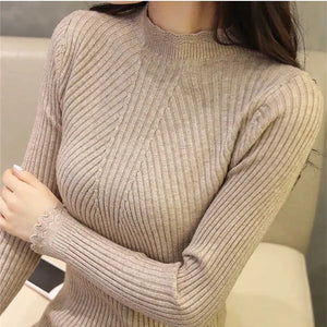 Women Mock Neck Ruffles Sweater Long Sleeve Knitted Bottoming Solid Pullovers Stripe Women Casual Sweater Winter
