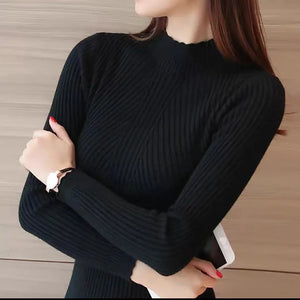 Women Mock Neck Ruffles Sweater Long Sleeve Knitted Bottoming Solid Pullovers Stripe Women Casual Sweater Winter