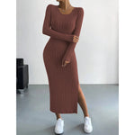 Load image into Gallery viewer, Women&#39;s Dresses Autumn Solid Stripe Split Long Sleeve Round Neck Bodycon Full Length Maxi Casual Dresses
