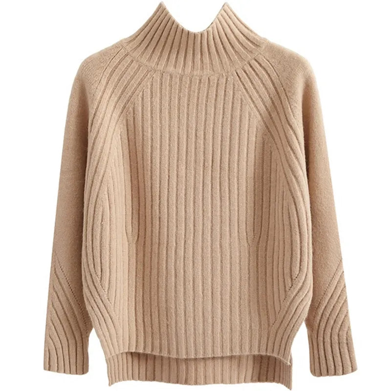 HELIAR Women Solid Mock Neck Loose Pullover Sweaters Knit Split Stripe Jumpers Casual Office Sweater For Women 2023 Fall Winter