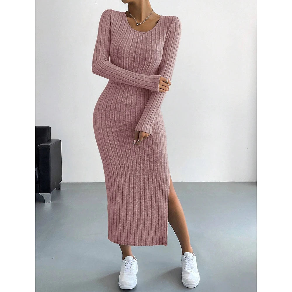 Women's Dresses Autumn Solid Stripe Split Long Sleeve Round Neck Bodycon Full Length Maxi Casual Dresses