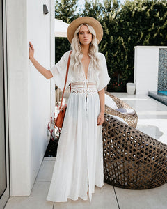 Boho White Crochet Knitted Cover Up Dress Tunic Long