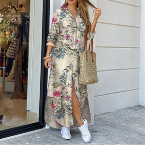 Womens Fashion Floral Print Shirt Maxi Dress V Neck Bottoned Half Sleeve Zip Up Evening Party