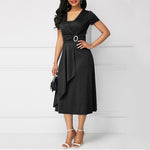 Load image into Gallery viewer, Dress Women Short Sleeve Asymmetric Hem Waist Tight Large Swing Midi Evening Party Dress
