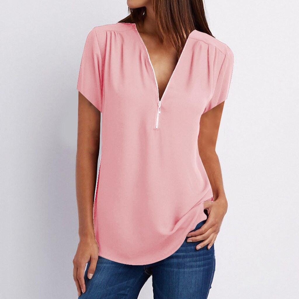 Fashion women's Blouse with Zipper v-neck Casual Shirts