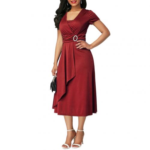 Dress Women Short Sleeve Asymmetric Hem Waist Tight Large Swing Midi Evening Party Dress