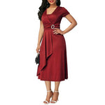 Load image into Gallery viewer, Dress Women Short Sleeve Asymmetric Hem Waist Tight Large Swing Midi Evening Party Dress
