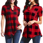Load image into Gallery viewer, Women&#39;s Plaid Blouse Casual Short Sleeve Cotton V-neck
