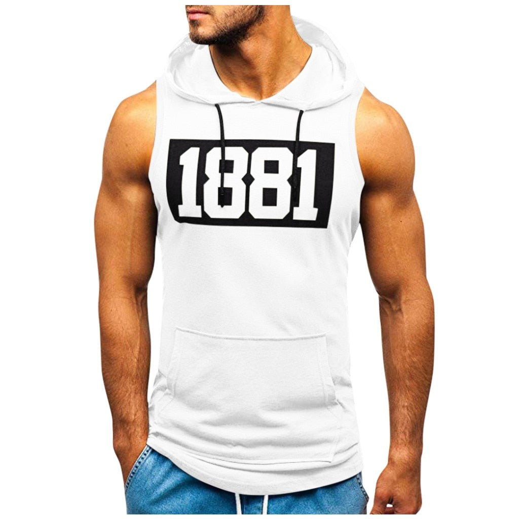 Sports Tank Tops Men Fitness Muscle Print Sleeveless Hooded