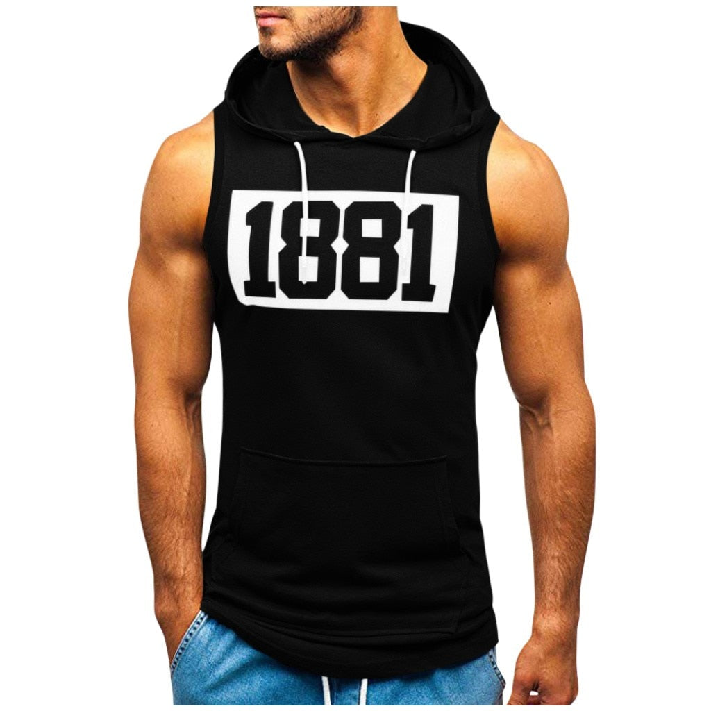 Sports Tank Tops Men Fitness Muscle Print Sleeveless Hooded