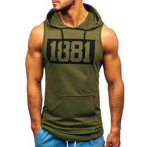 Sports Tank Tops Men Fitness Muscle Print Sleeveless Hooded