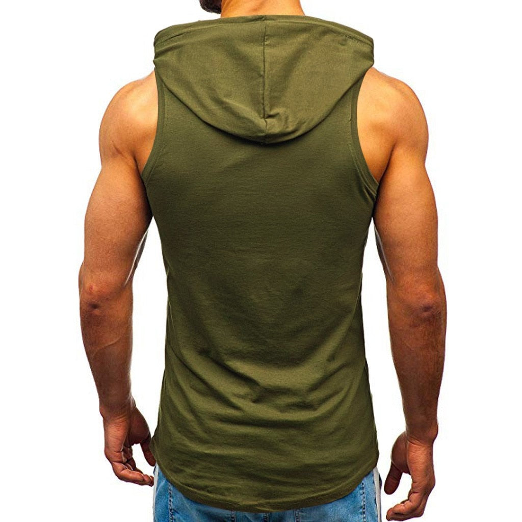 Sports Tank Tops Men Fitness Muscle Print Sleeveless Hooded