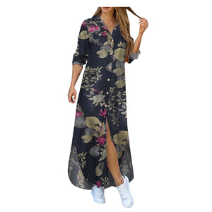 Womens Fashion Floral Print Shirt Maxi Dress V Neck Bottoned Half Sleeve Zip Up Evening Party