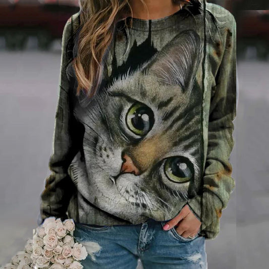 Blouses Tops Fashion O-neck Long Sleeve Funny Cute Cat 3D Print