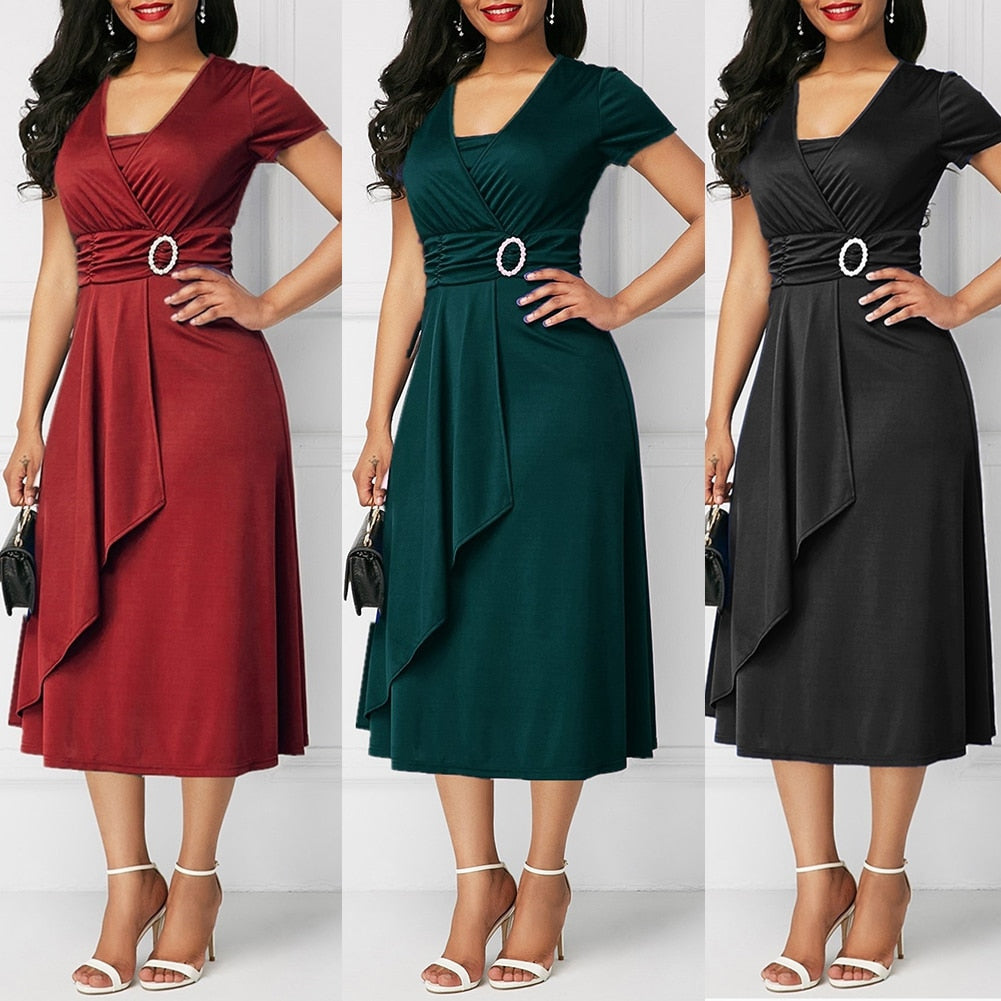 Dress Women Short Sleeve Asymmetric Hem Waist Tight Large Swing Midi Evening Party Dress