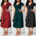 Load image into Gallery viewer, Dress Women Short Sleeve Asymmetric Hem Waist Tight Large Swing Midi Evening Party Dress
