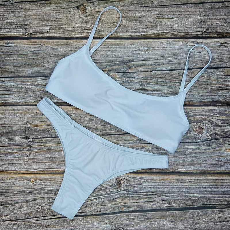 Summer Women Solid Bikini Set Push-up UnPadded Bra Swimsuit Swimwear