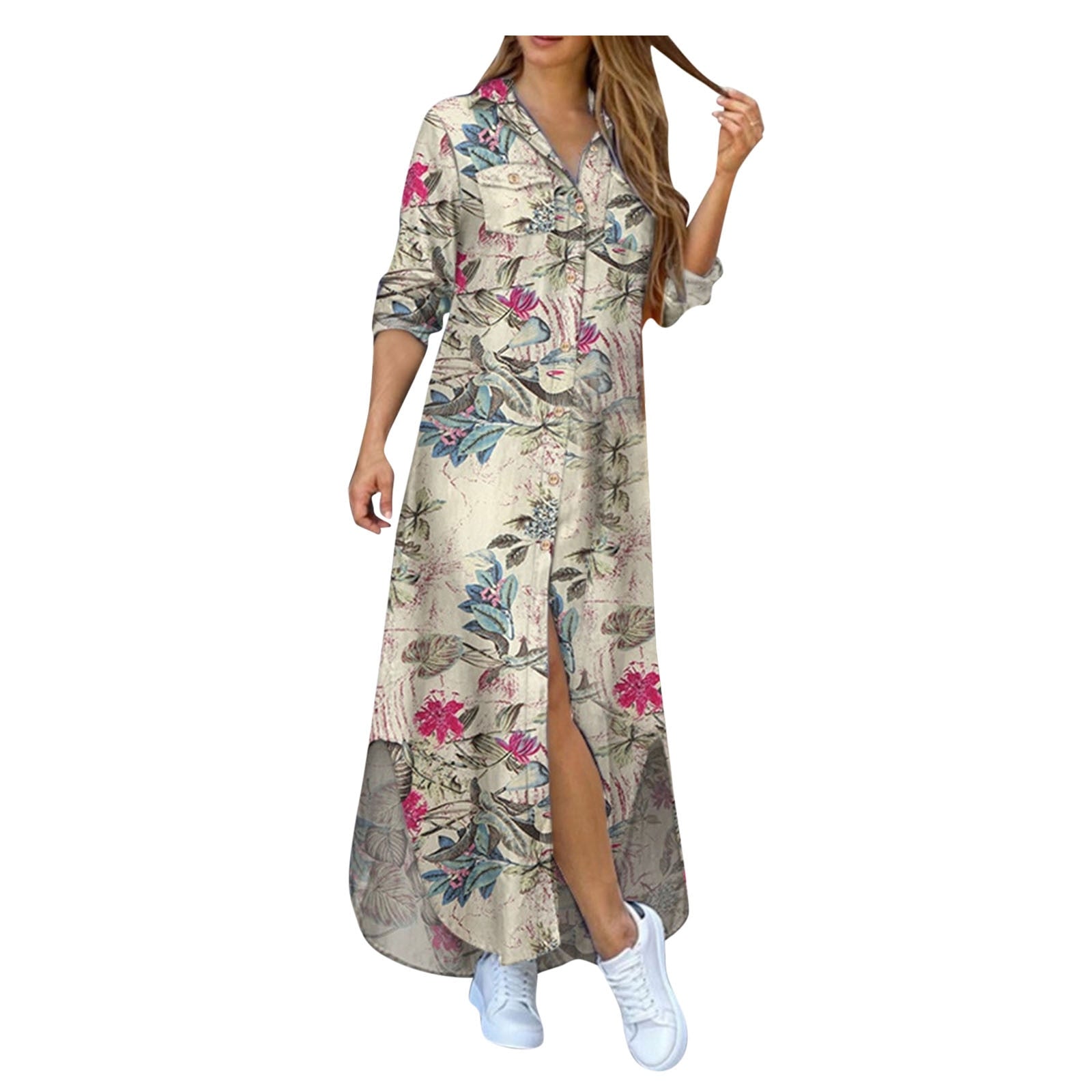 Womens Fashion Floral Print Shirt Maxi Dress V Neck Bottoned Half Sleeve Zip Up Evening Party
