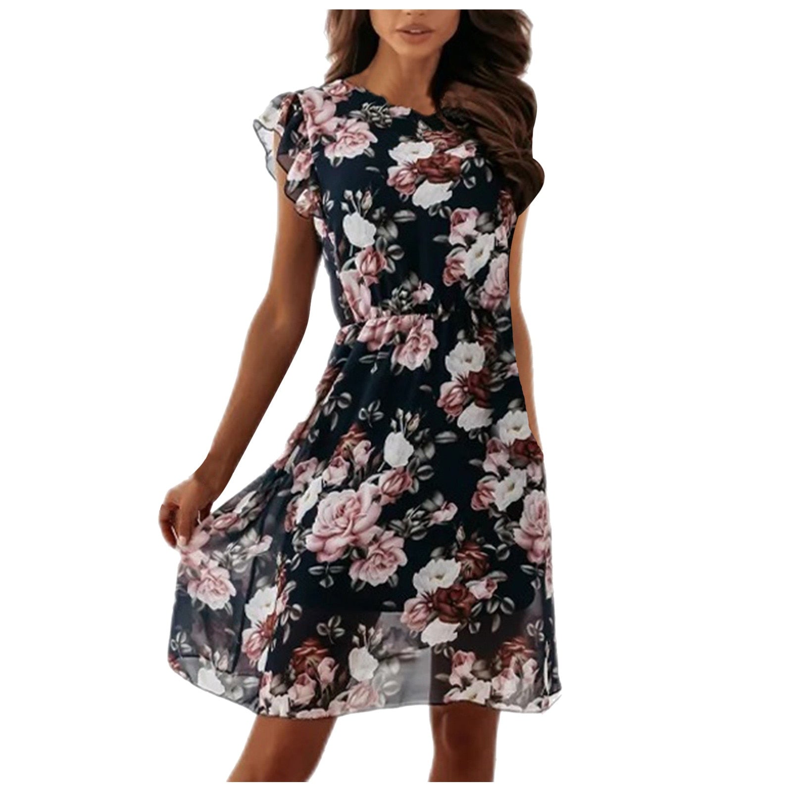 Short Floral Dress with Ruffle on the Sleeves