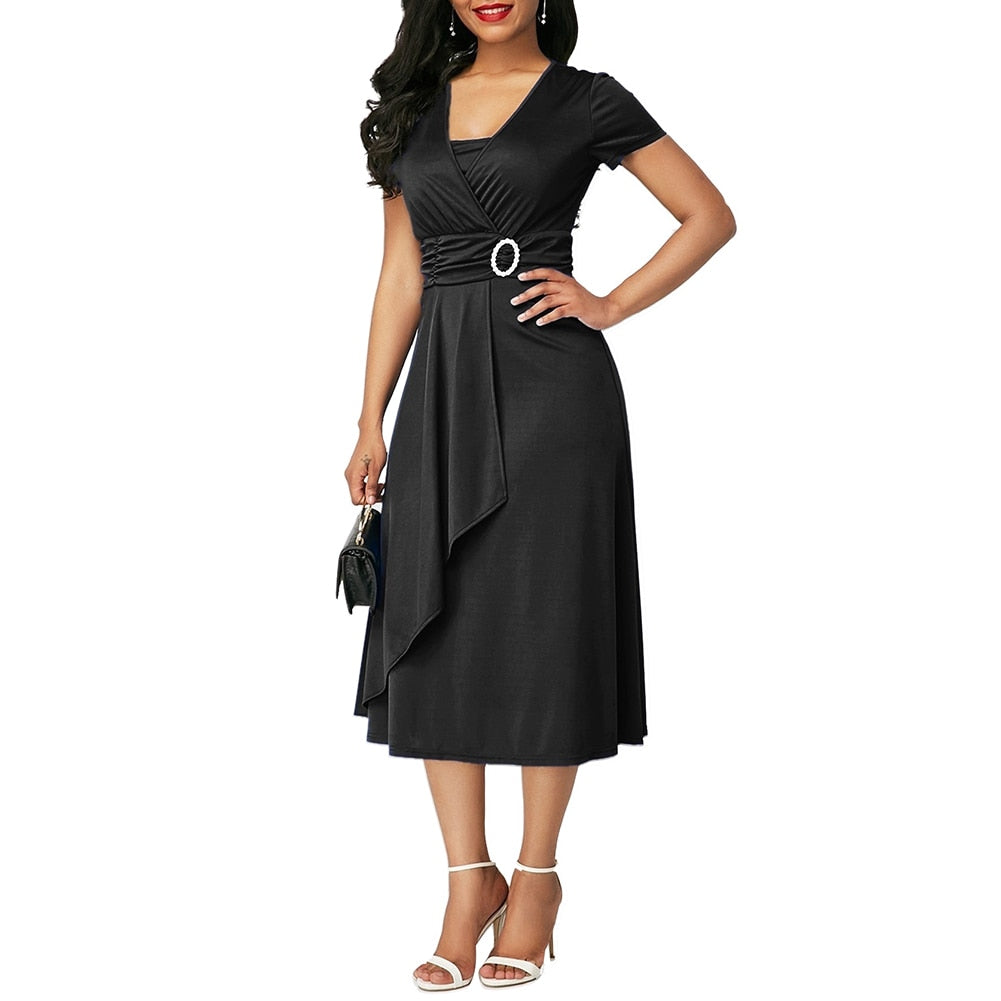 Dress Women Short Sleeve Asymmetric Hem Waist Tight Large Swing Midi Evening Party Dress