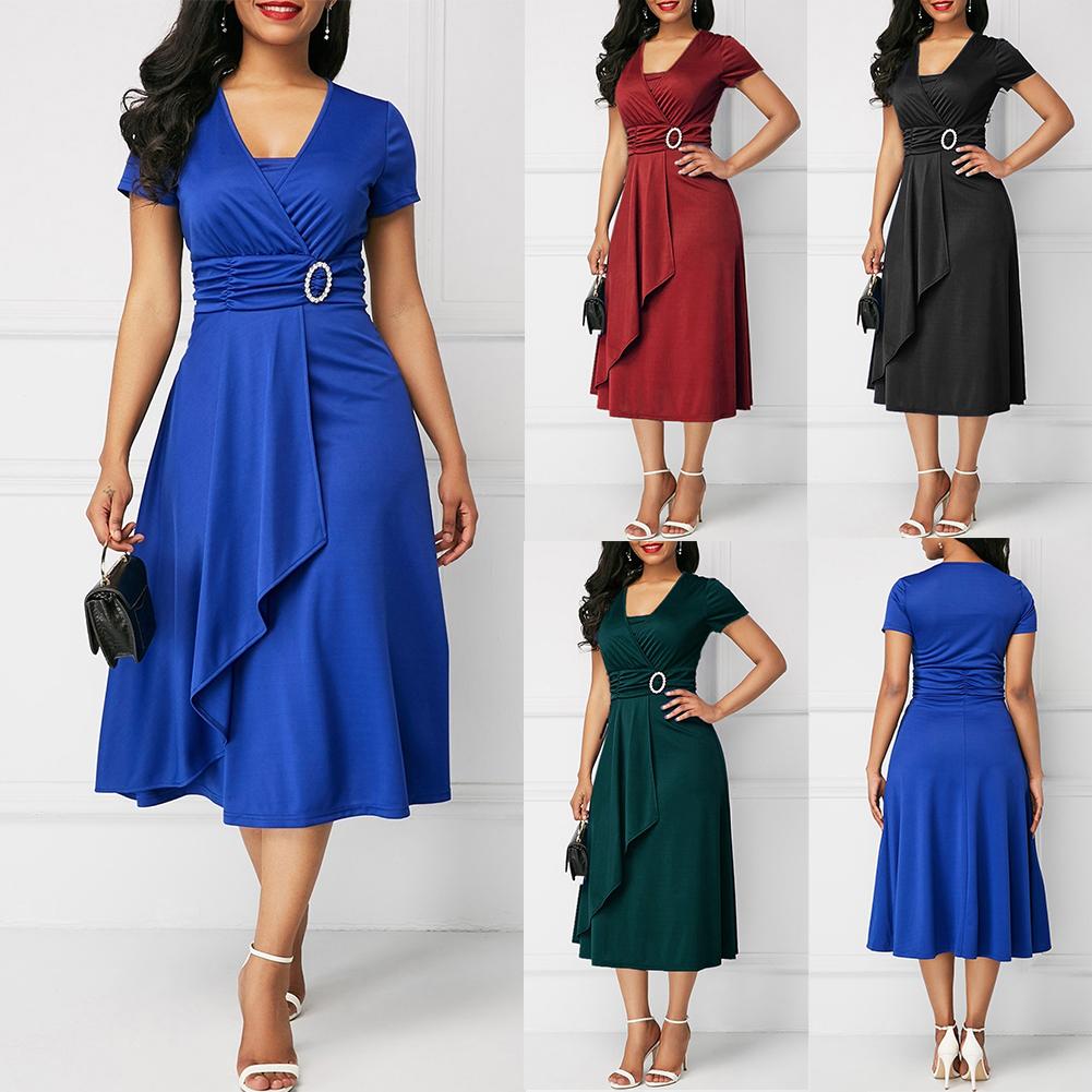 Dress Women Short Sleeve Asymmetric Hem Waist Tight Large Swing Midi Evening Party Dress