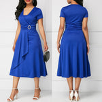 Load image into Gallery viewer, Dress Women Short Sleeve Asymmetric Hem Waist Tight Large Swing Midi Evening Party Dress
