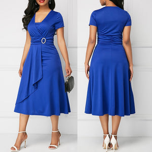 Dress Women Short Sleeve Asymmetric Hem Waist Tight Large Swing Midi Evening Party Dress