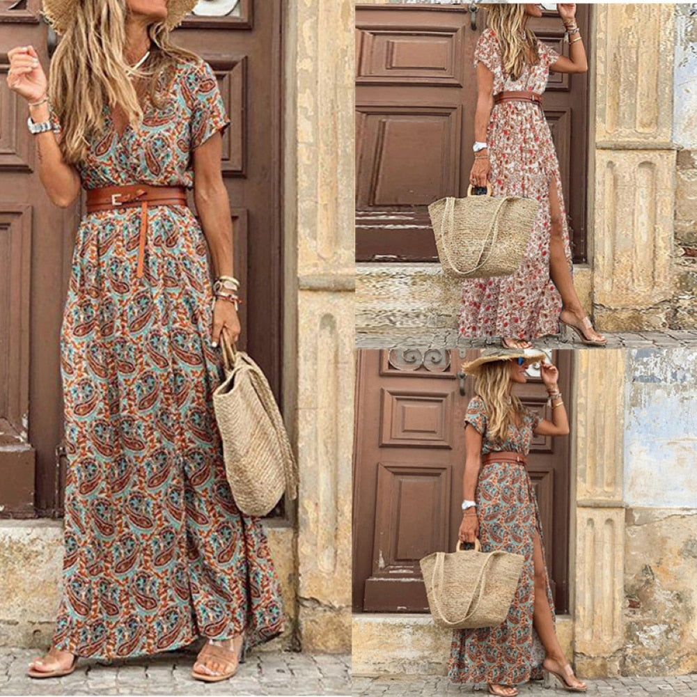 Women's Floral Short Sleeve Long Dress