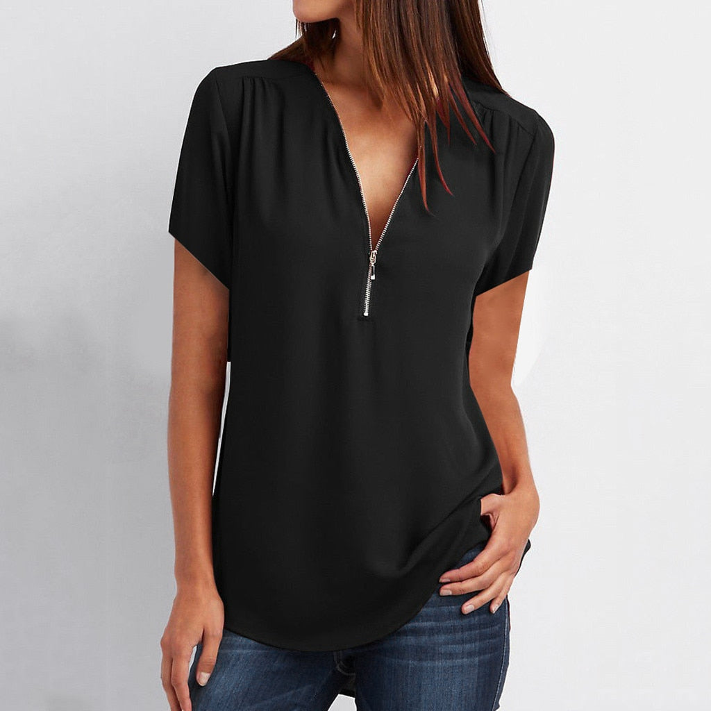 Fashion women's Blouse with Zipper v-neck Casual Shirts