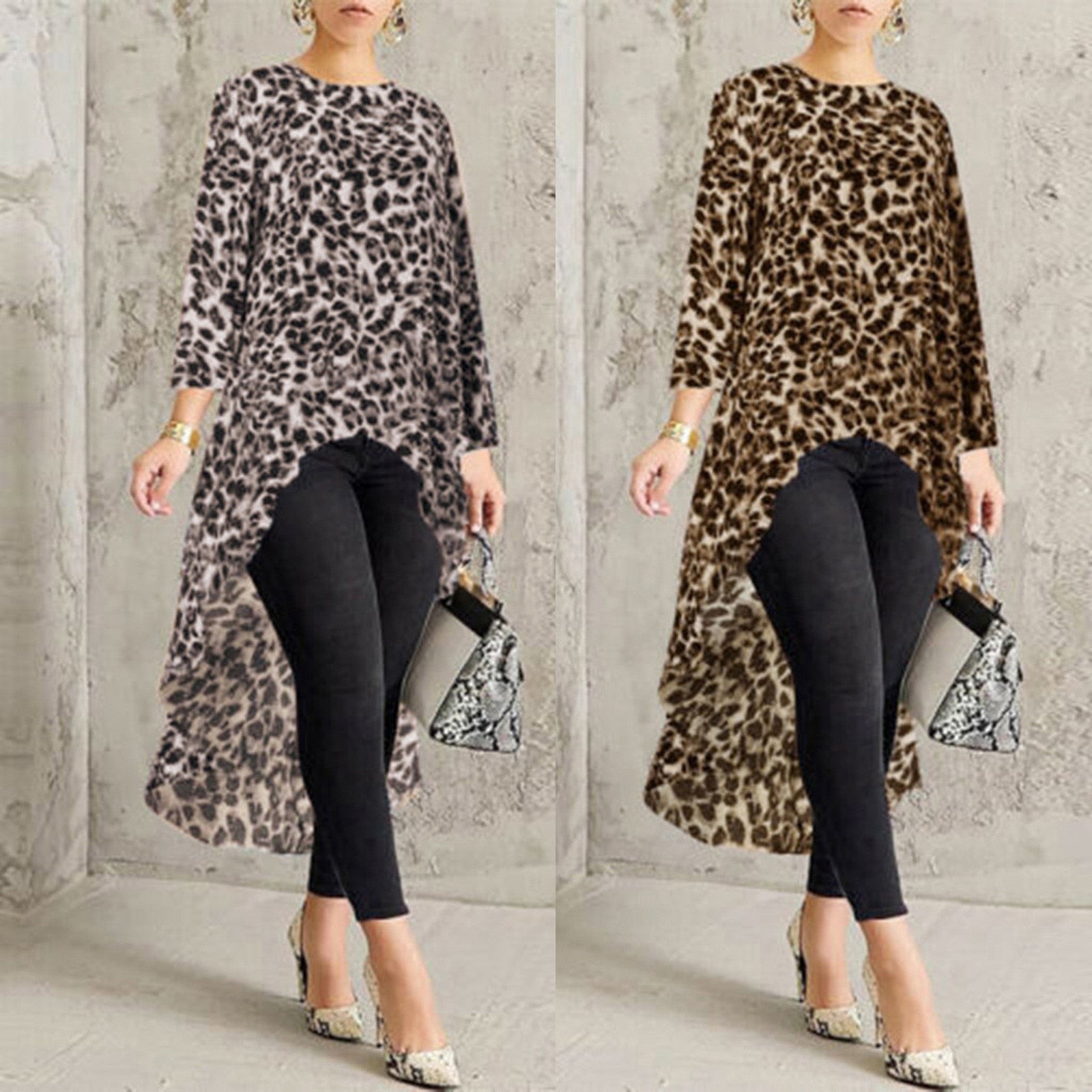 Oversized  Fashion High Low Leopard Blouse Shirt Loose Tops Casual