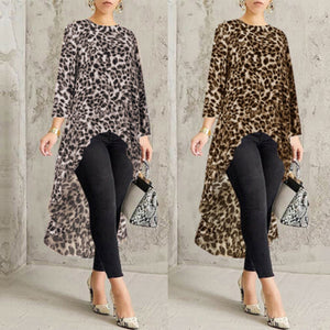Oversized  Fashion High Low Leopard Blouse Shirt Loose Tops Casual