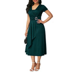 Load image into Gallery viewer, Dress Women Short Sleeve Asymmetric Hem Waist Tight Large Swing Midi Evening Party Dress
