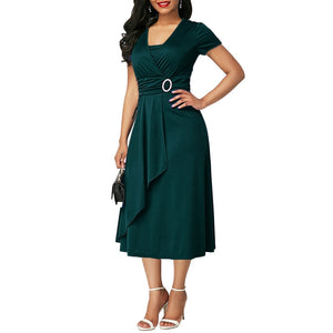 Dress Women Short Sleeve Asymmetric Hem Waist Tight Large Swing Midi Evening Party Dress